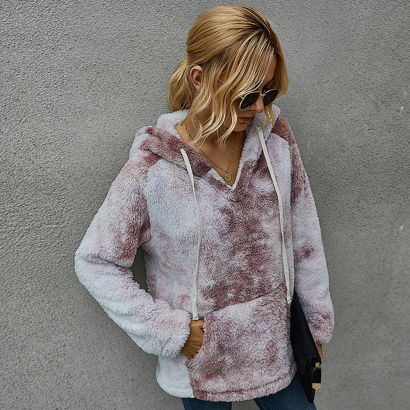 Women's Fuzzy Fleece Tie Dye Pullover Oversized Sherpa Long Sleeve Tops with Pockets