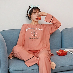 Manufactory Wholesale  Spring  Pyjamas 100%Cotton  Long-Sleeved Long Pant  Pajamas set printed daisy flower