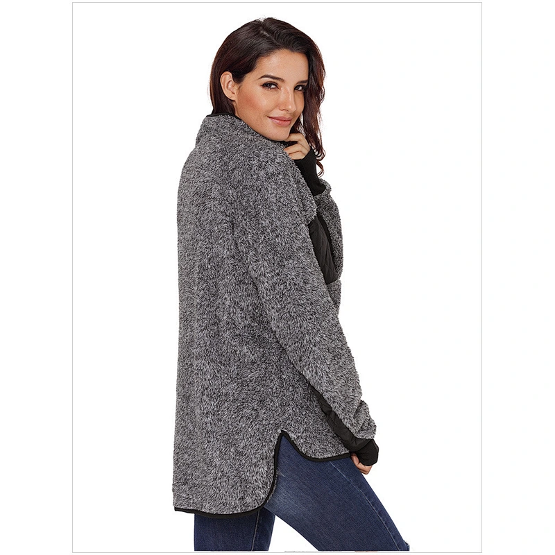 Women Fleece Pullover Sweatshirt Oblique Button Neck Long Sleeve Warm Casual Coat Outwear