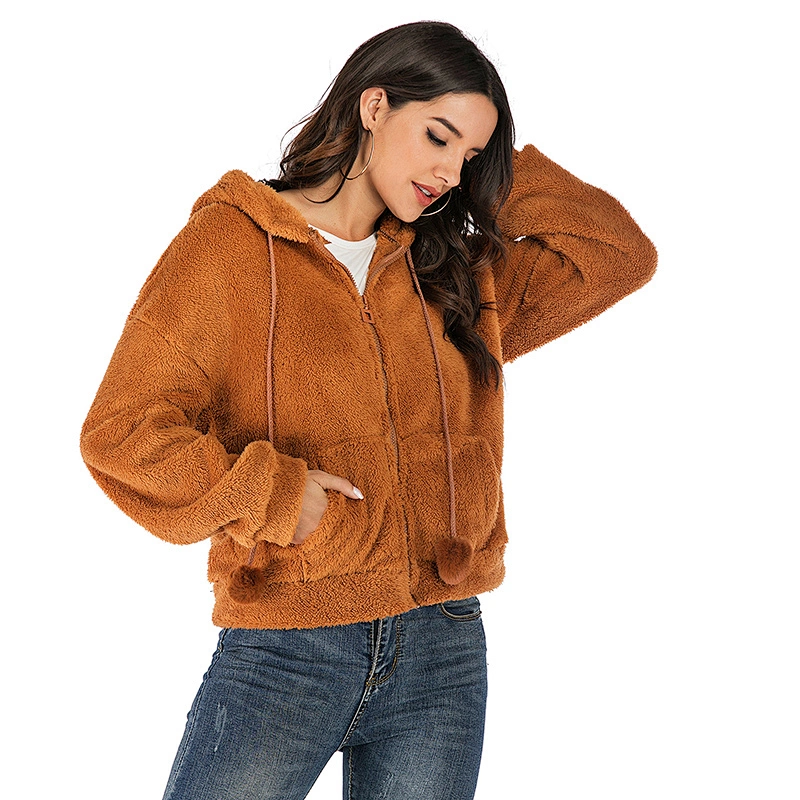 2021Womens Custom Camel Fleece Sweatershirt Hoodies Full Zipper Sherpa Jacket Pullover with Pocket