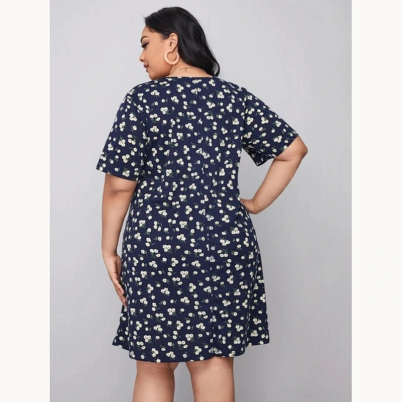 2021 New Plus Ditsy Floral Ruffle Hem Dress Printed dress O Neck short sleeve