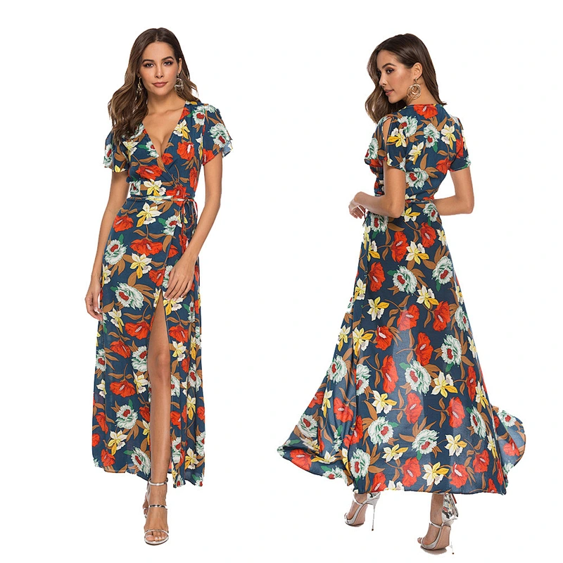 2021 Summer new Bohemian V-neck long print slit dress chiffon beach dress