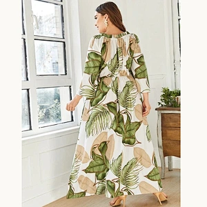 2021 New Plus Tropical Print Frill Trim Maxi Dress