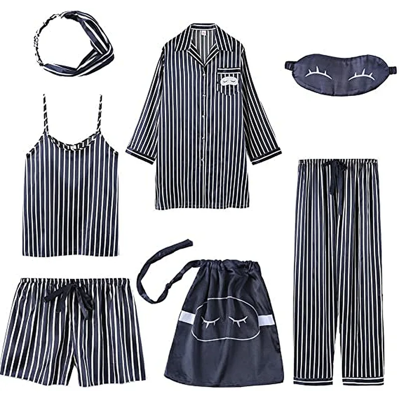 2021Amazon Womens Pajama Sets Comfy 7 Piece with Shirt  Silk Pajamas Satin Nightwear