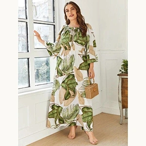 2021 New Plus Tropical Print Frill Trim Maxi Dress