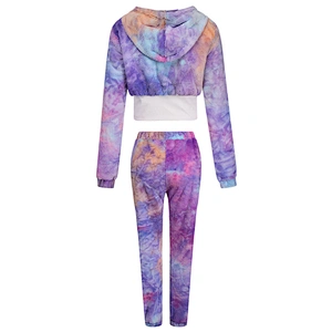 YIWU Factory Wholesale Womens Tie Dye Zip-up Sherpa Cropped Hoodies Jacket Pant Set