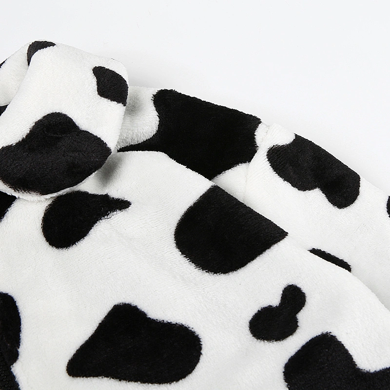 Cow Print Womens Turn-down Collar ZIP-UP Jacket Sherpa Cropped Zip-up Bomber Jacket Pullover