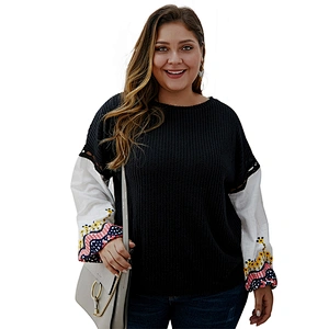 Amazon Top Women Plus Size Patchwork Embroidered Sweater Tops Long Sleeve Pullover Blouse