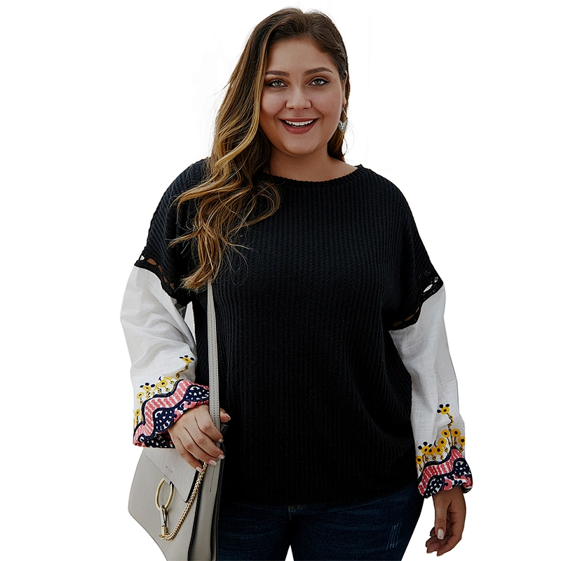 Amazon Top Women Plus Size Patchwork Embroidered Sweater Tops Long Sleeve Pullover Blouse