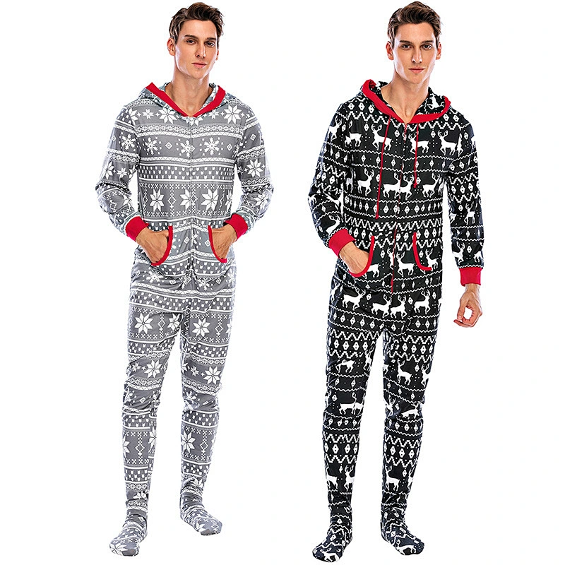 2021 new men pajamas onesie footed  with hooded long sleeve christmas pajamas