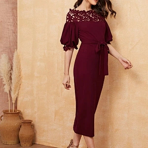 2021 New Arrival Guipure Lace Yoke Puff Sleeve Belted Pencil Dress Office Sexy Dress