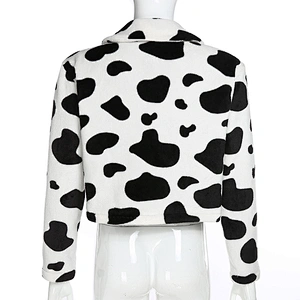 Cow Print Womens Turn-down Collar ZIP-UP Jacket Sherpa Cropped Zip-up Bomber Jacket Pullover