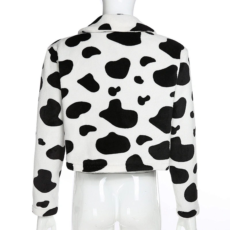 Cow Print Womens Turn-down Collar ZIP-UP Jacket Sherpa Cropped Zip-up Bomber Jacket Pullover