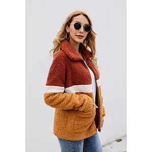Women Winter Warm Jacket Outwear Full Zipper Patchwork Sherpa Fleece Pullover with Pockets