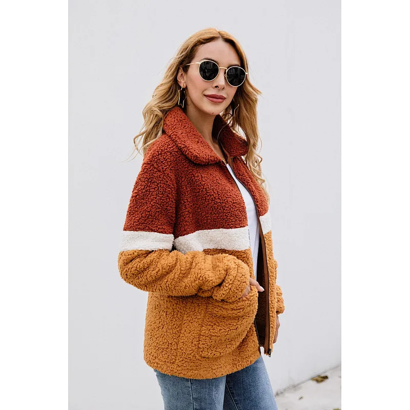 Women Winter Warm Jacket Outwear Full Zipper Patchwork Sherpa Fleece Pullover with Pockets