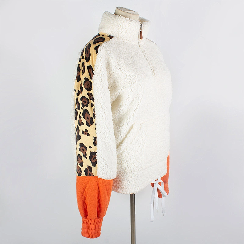 Womens Fuzzy Long Plush Sweatshirt Hem Belted Quarter Zip Leopard Print Sherpa Fleece Pullover