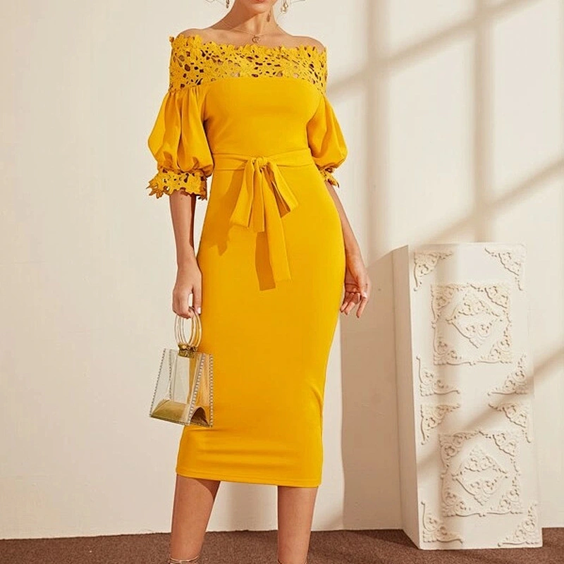 2021 New Arrival Guipure Lace Yoke Puff Sleeve Belted Pencil Dress Office Sexy Dress