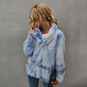 Women's Lapel Neck Sweatshirt Oblique Zip Up Outwear Fleece Skew Collar Sherpa Pullover with Pockets