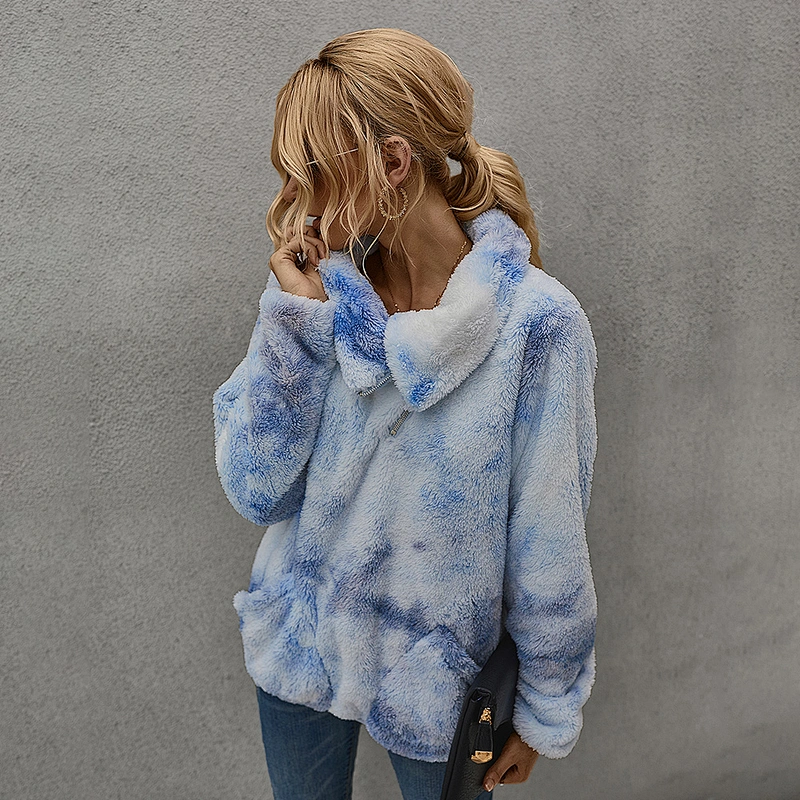 Women's Lapel Neck Sweatshirt Oblique Zip Up Outwear Fleece Skew Collar Sherpa Pullover with Pockets
