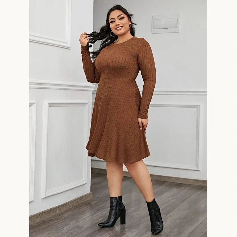 2021 New Plus Ribbed Long Sleeve Fit & Flare Dress O Neck