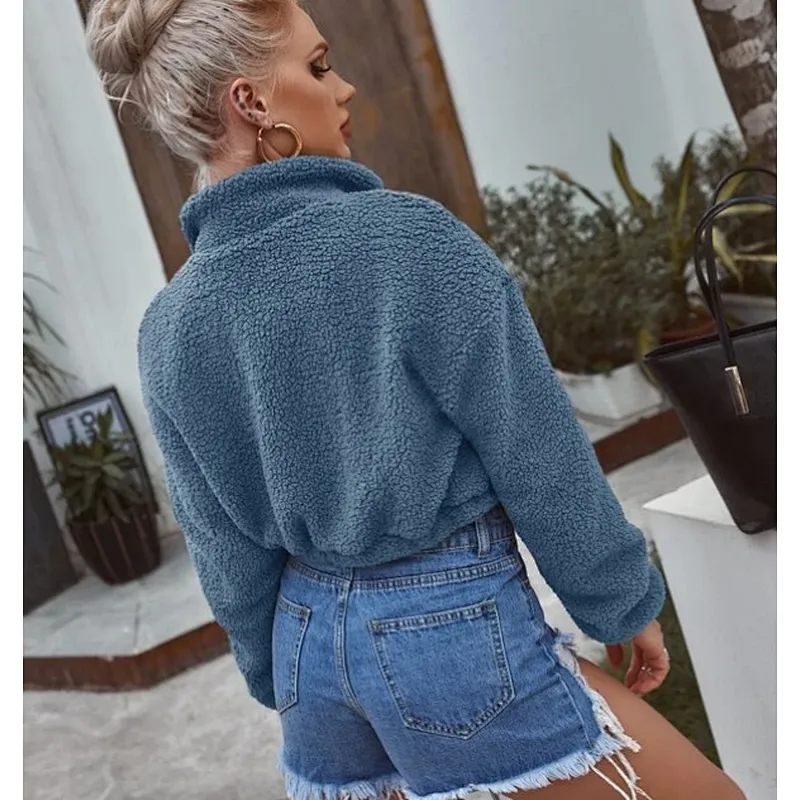 2021 Amazon Womens Solid Zip-up Jacket Sweatershirt Cropped Bomber Sherpa fleece pullover