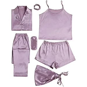 2021Amazon Women's Pajamas Set 7pcs Silk Pajamas  Satin Sleepwear Loungewear Cami Shirt