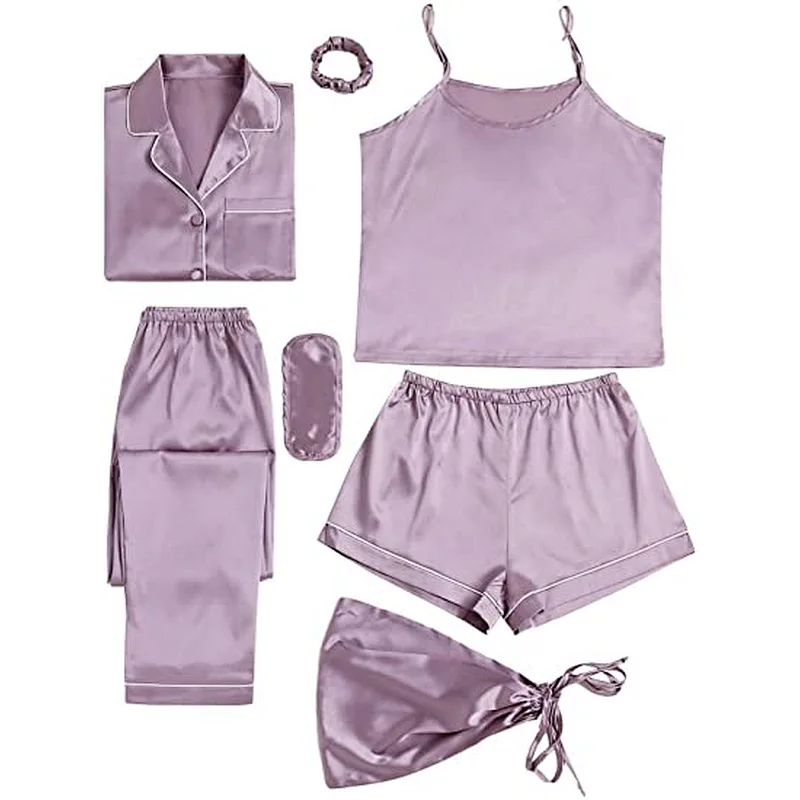 2021Amazon Women's Pajamas Set 7pcs Silk Pajamas  Satin Sleepwear Loungewear Cami Shirt