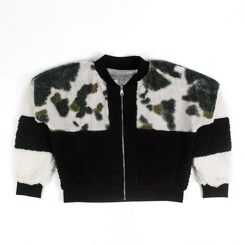 Custom Womens Fuzzy Cow Print Zip-Up Teddy Sherpa Fleece Jacket Pullover