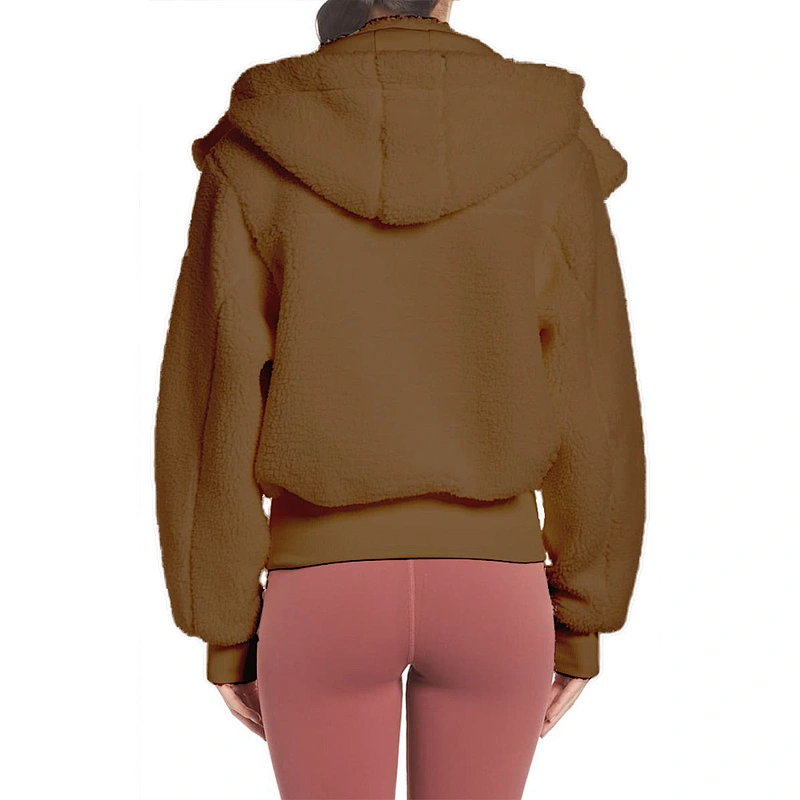 Direct Factory Womens Zip Up Sweatshirt Turn-down Collar Hooded Full Zip Teddy Jacket Sherpa Pullover