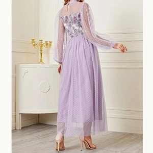 2021 New Arrival Polka Dot Mock Neck Belted Mesh Overlay Dress Romantic Lexy Lady Dress