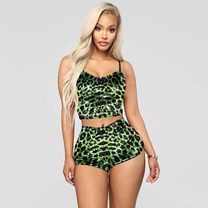2021 Amazon summer pajamas hollow sexy velvet print slim two-piece shorts pajamas