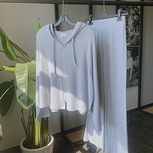 New spring summer women hooded long sleeves wide legging casual set soft knit pyjamas set