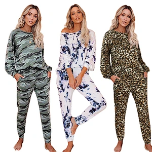 2021Amazon autumn winter cross-border  casual tie-dye pajamas set with round collar and long sleeves