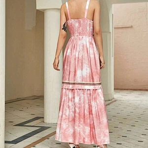 2021 New Arrival Surplice Neck Tape Detail Shirred Tie-Dye Cami Dress Boho Style Multicolor Dress