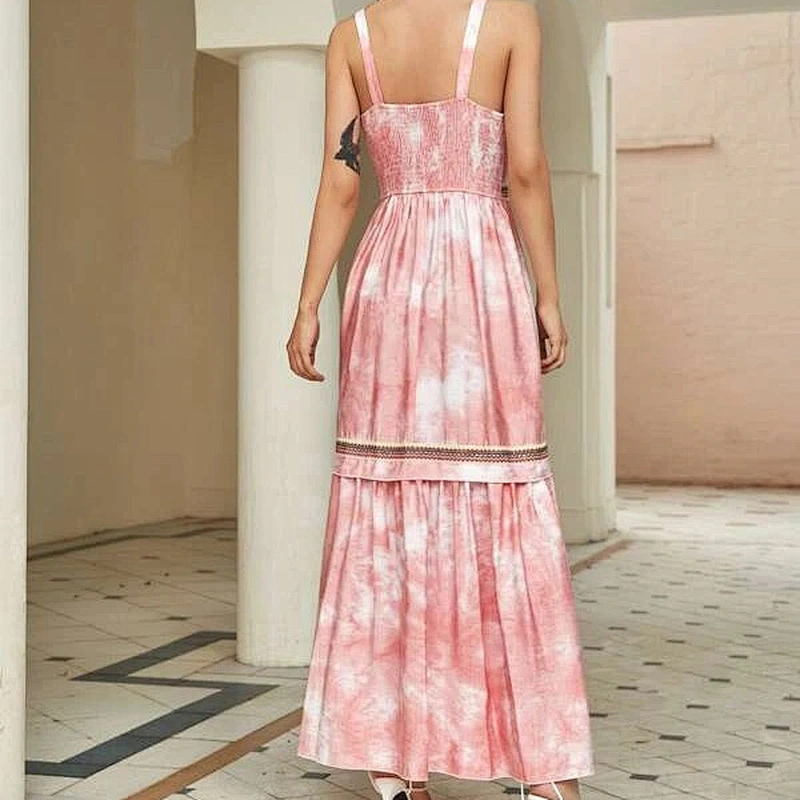 2021 New Arrival Surplice Neck Tape Detail Shirred Tie-Dye Cami Dress Boho Style Multicolor Dress