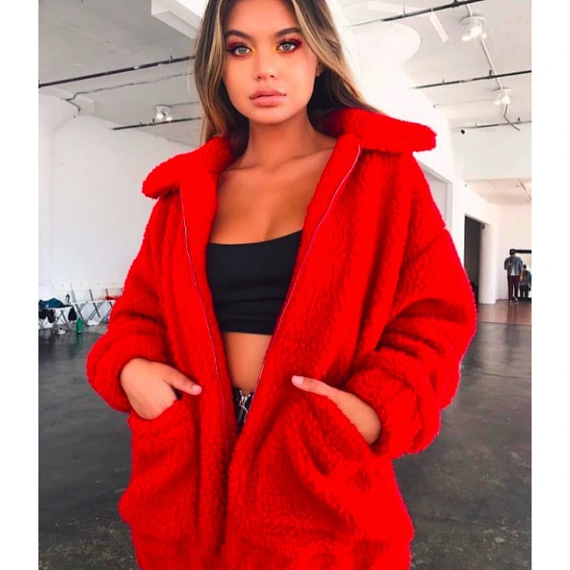 2021 Womens Zip Up Sweatshirt Turn-down Collar Drop Shoulder Sherpa fleece Jacket Pullover with Pockets