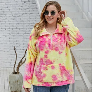 Womens Fuzzy Plus Size Full Zipper Tie Dye Sherpa Polar Fleece Pullover (L-4XL)