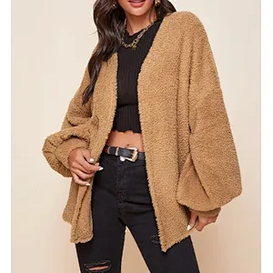 Womens Drop Shoulder Faux Fur Winter Suit Jacket Coat Lantern Sleeve Sherpa Pullover