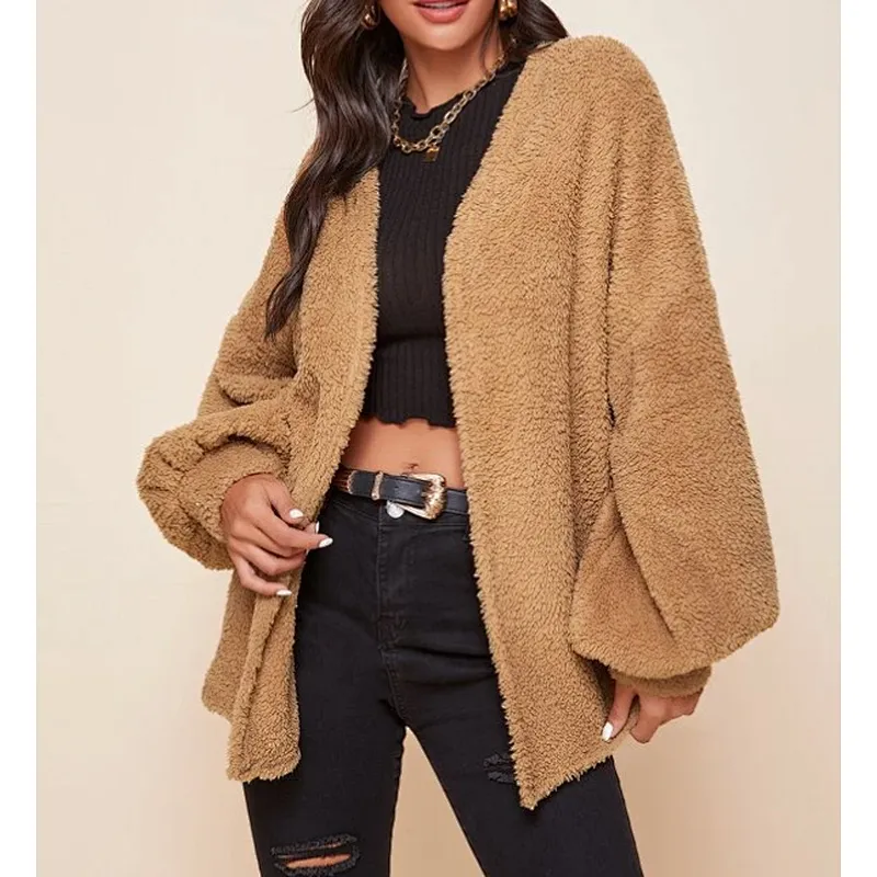 Womens Drop Shoulder Faux Fur Winter Suit Jacket Coat Lantern Sleeve Sherpa Pullover