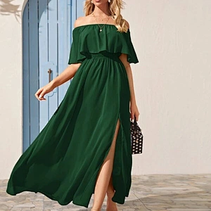2021 New Arrival Split Thigh Ruffle Trim Bardot Dress Casual Dress Party Dress