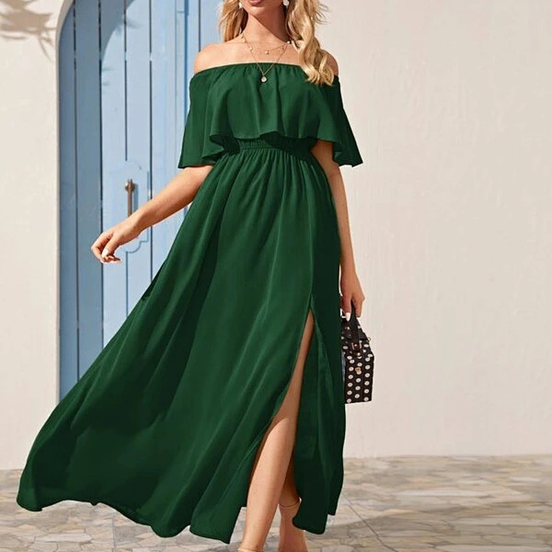 2021 New Arrival Split Thigh Ruffle Trim Bardot Dress Casual Dress Party Dress