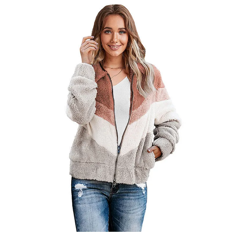Women's Zip up Polar Sweatershirt Patchwork Sherpa Bomber Fleece Jacket pullover