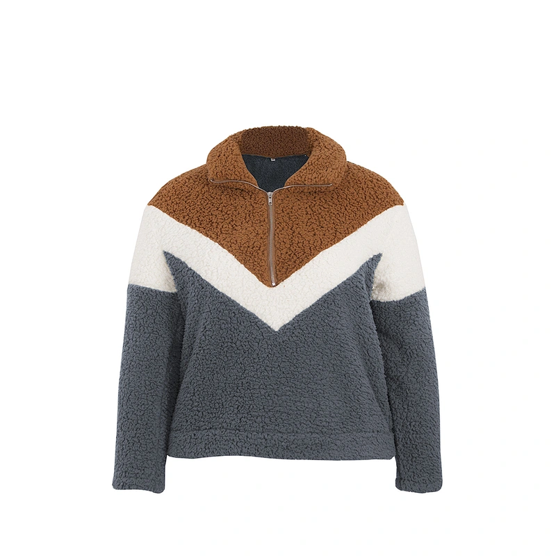 Womens Winter warm Fuzzy Plus Size 1/2 Zipper Patchwork Sherpa Polar Fleece Pullover (L-4XL)
