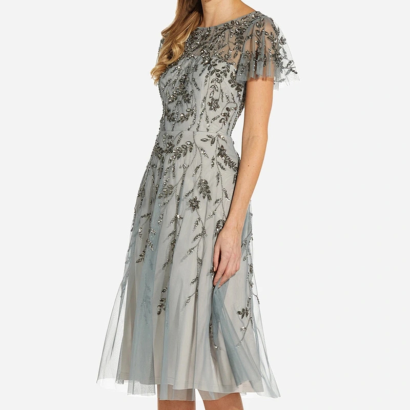 2021 New Arrival HAND-BEADED COCKTAIL DRESS WITH ILLUSION NECKLINE IN FROSTED SAGE EVENING DRESS Party Dress