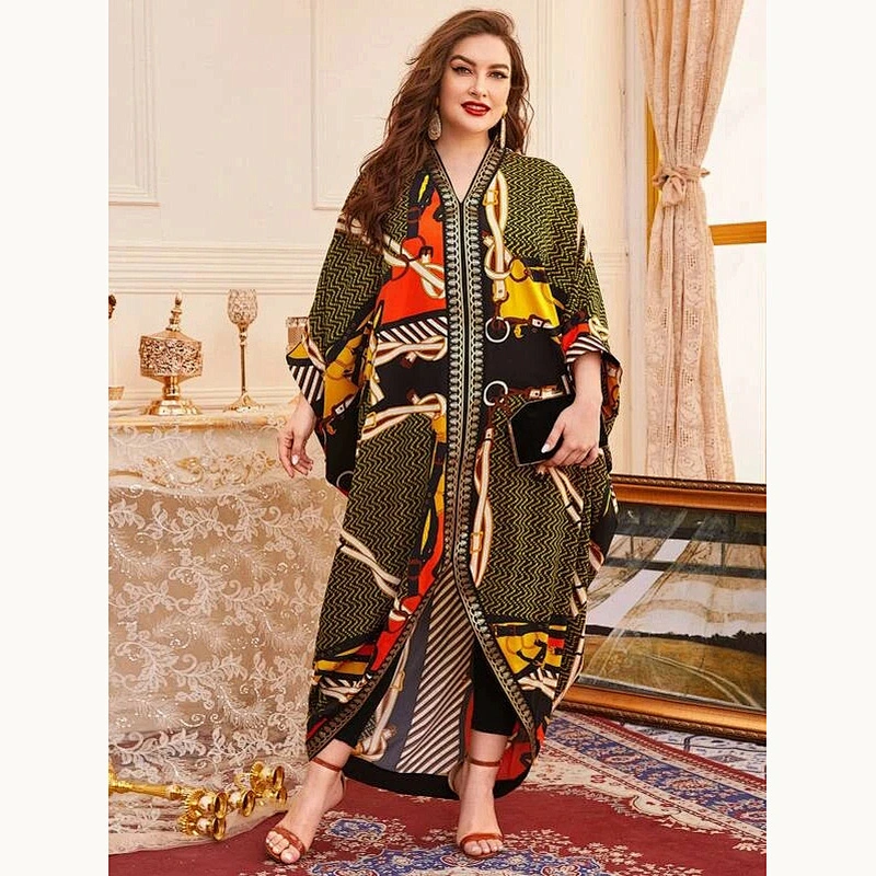 2021 New Plus Chevron And Chain Print Kaftan Dress