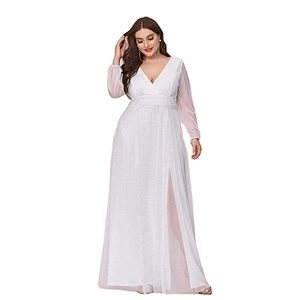 Latest Stylish Chiffon Women's V-Neck Shiny Plus Size Puff Sleeve Floor Lentgh Evening Dress