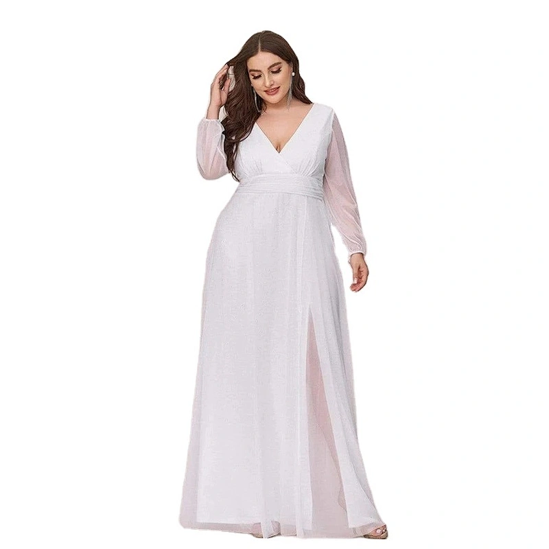 Latest Stylish Chiffon Women's V-Neck Shiny Plus Size Puff Sleeve Floor Lentgh Evening Dress