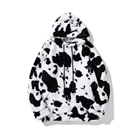 Unisex Kangaroo Pocket Hooded Sweatershirt Cow Printing Sherpa Hoodie Fleece pullover