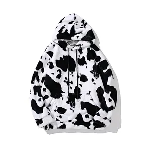 Unisex Kangaroo Pocket Hooded Sweatershirt Cow Printing Sherpa Hoodie Fleece pullover