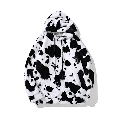 Unisex Kangaroo Pocket Hooded Sweatershirt Cow Printing Sherpa Hoodie Fleece pullover